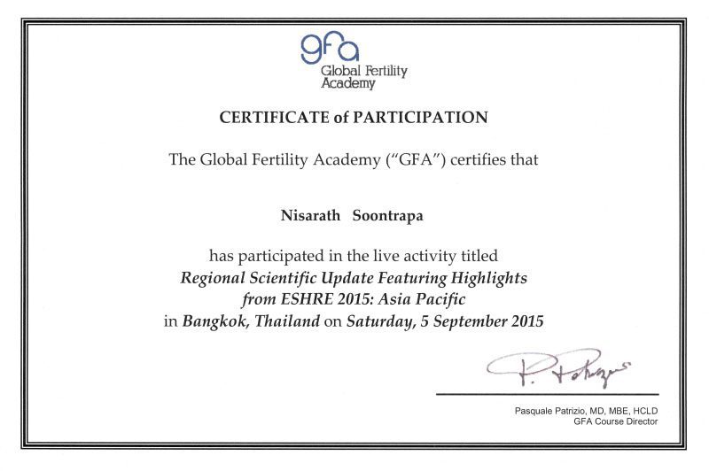 ใบรับรอง : “Regional Scientific Update Featuring Highlights From ESHRE2015" | แพทย์หญิง นิศารัตน์ สุนทราภา